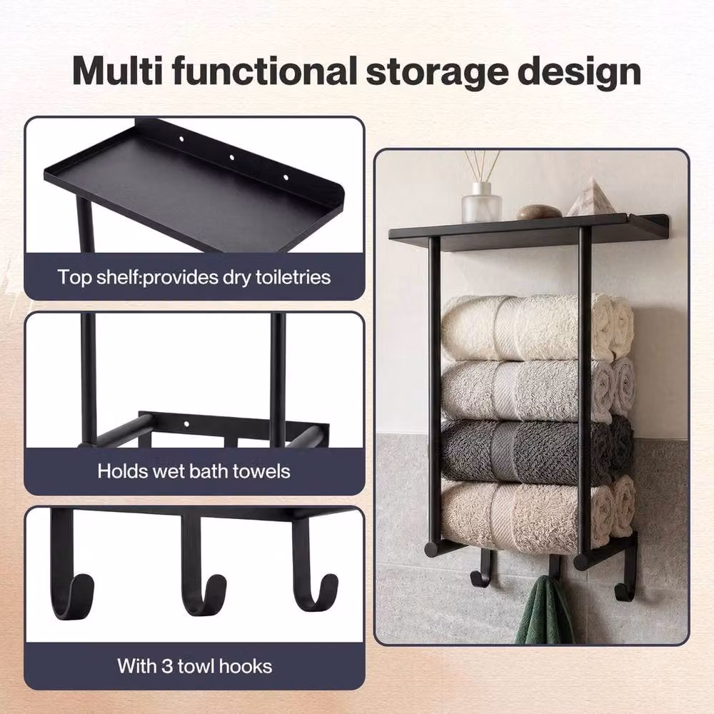 Kelvenix Wall Mounted Metal Towel Rack Shelf with Hooks in Black, W: 50.0 cm, H: 30.0 cm, D: 16.0 cm – 3
