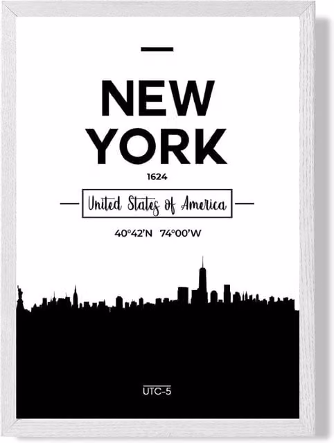 ARTZE New York Black and White City Skyline Framed Paper Print with White Frame, A2 – 1