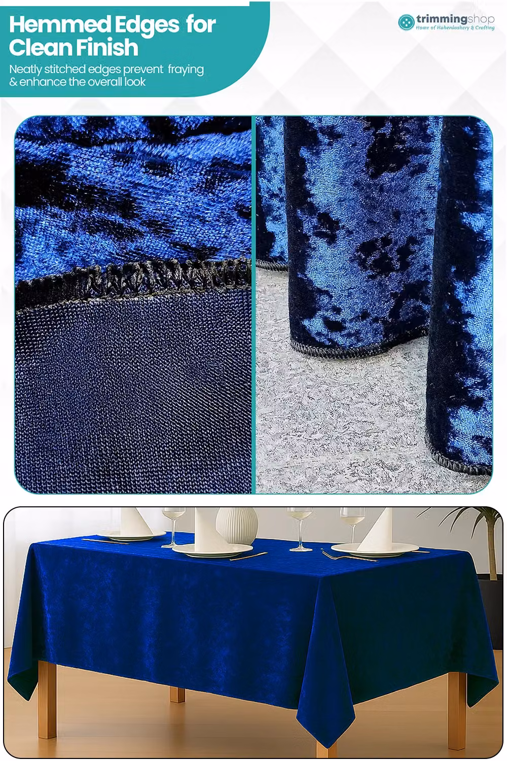 Neel Blue Diamond Velvet Rectangular Tablecloth in Navy Blue, W: 228.6 cm x L: 396.24 cm – 5
