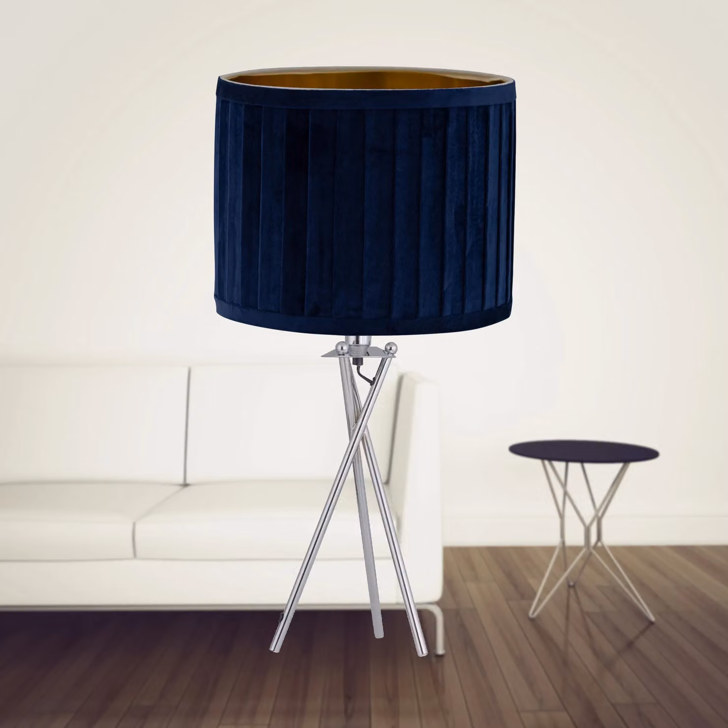 First Choice Lighting Sundance Set of 2 Chrome Tripod Table Lamps with Blue Fabric Shades – 3