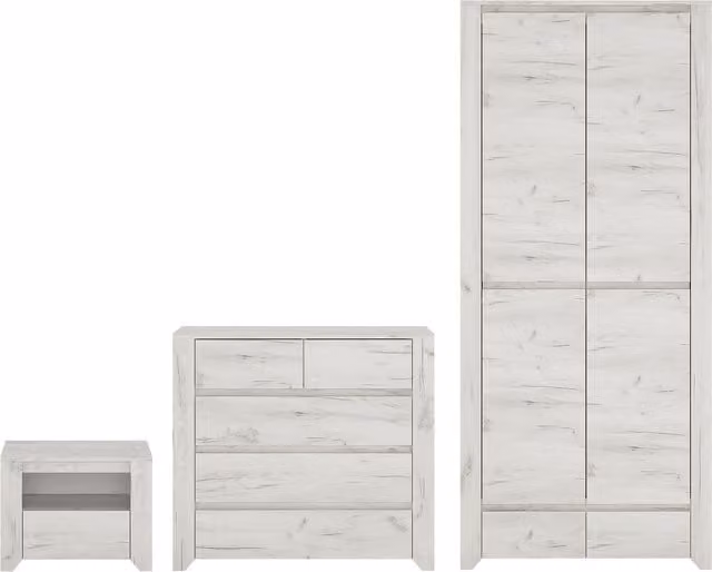 Furniture To Go Angel Bedroom Furniture Set in White, including 1 Drawer Bedside Cabinet, 2+3 Chest of Drawers and 2 Door 2 Drawer Fitted Wardrobe