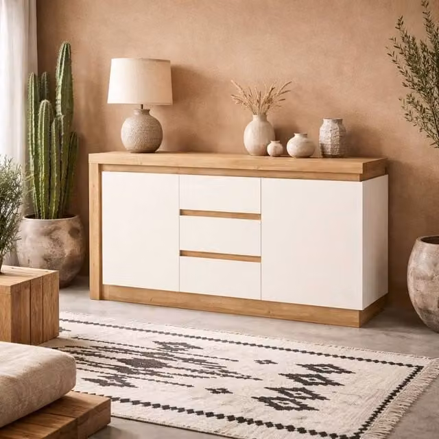 Wyld Haus Hjorring Sideboard in Natural Oak and White with 2 Doors, 3 Drawers and Integrated Lighting