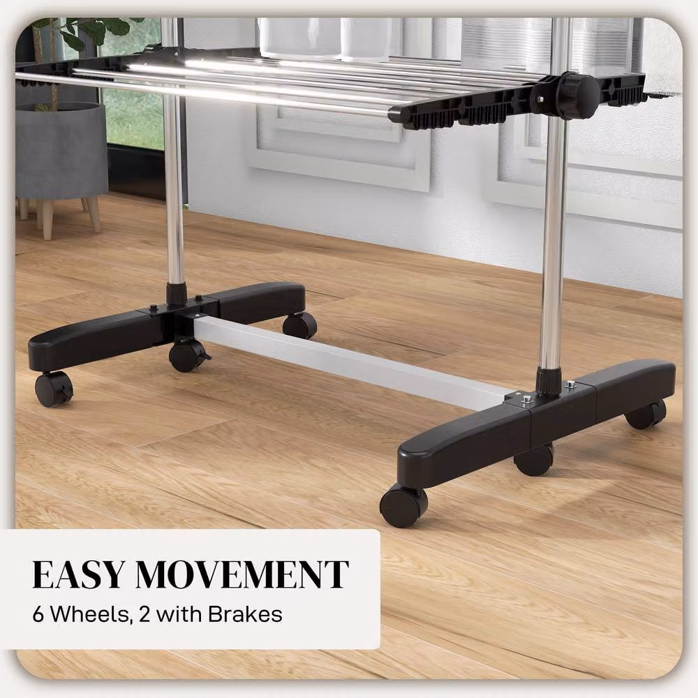 STILVORA Foldable Stainless Steel Clothes Airer with 4 Shelves, Side Arms and Wheels in Black – 5