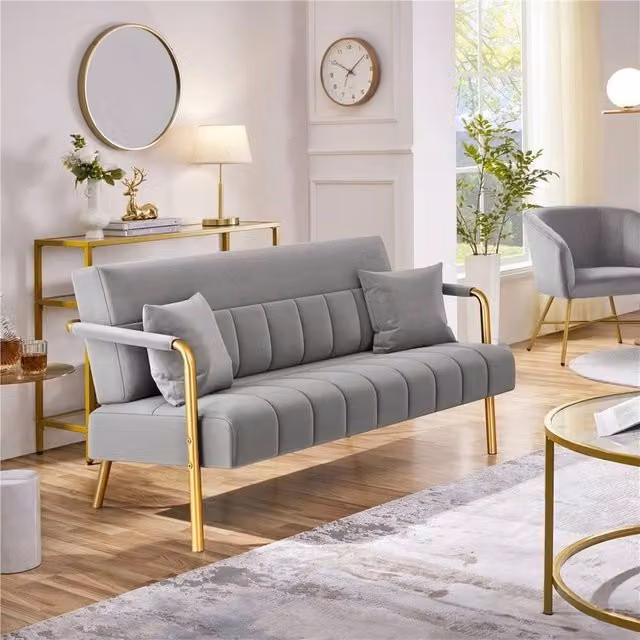 VOGREX Light Grey Velvet Loveseat with Deep Cushions and Scatter Cushions – 1