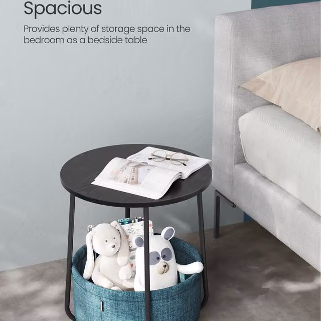VASAGLE Round Side Table with Fabric Basket in Black, W: 45 cm, D: 45 cm, H: 51 cm