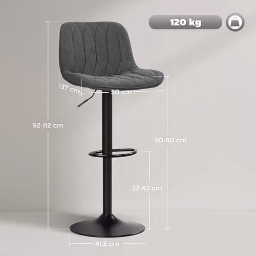 HOMCOM Set of 2 Modern Grey Fabric Bar Stools with 360 Degree Swivel and Metal Base – 6