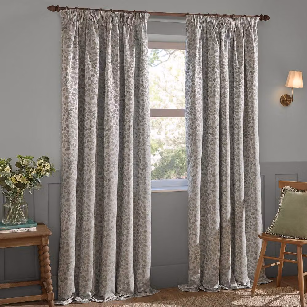 Wylder Grace Leaf Jacquard Pencil Pleat Curtain Pair in Grey, Width: 229 cm, Drop: 183 cm – 2