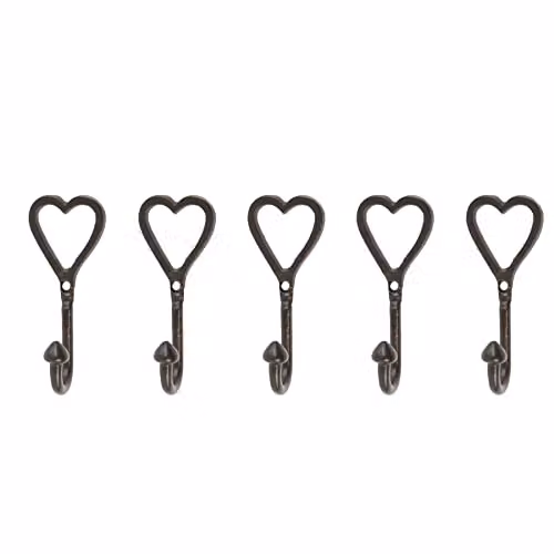 Hammer and Tongs Pack of 5 Single Heart Wall Mounted Hooks, Matt Black Powder-Coated Iron, W: 4 cm, H: 10 cm – 2