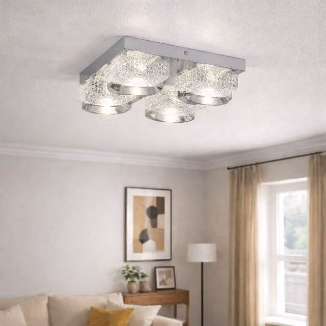Pagazzi Liana Square LED Flush Ceiling Light in Polished Chrome and Silver with Crystal Details