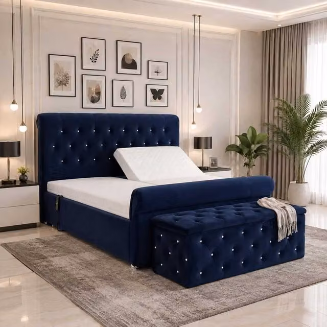 K Mehmood Enterprise Ltd Harmony Adjustable Motorised Mobility Bed with Mattress and Headboard in Blue Velvet and Silver, W/D/H: 120 x 200 cm