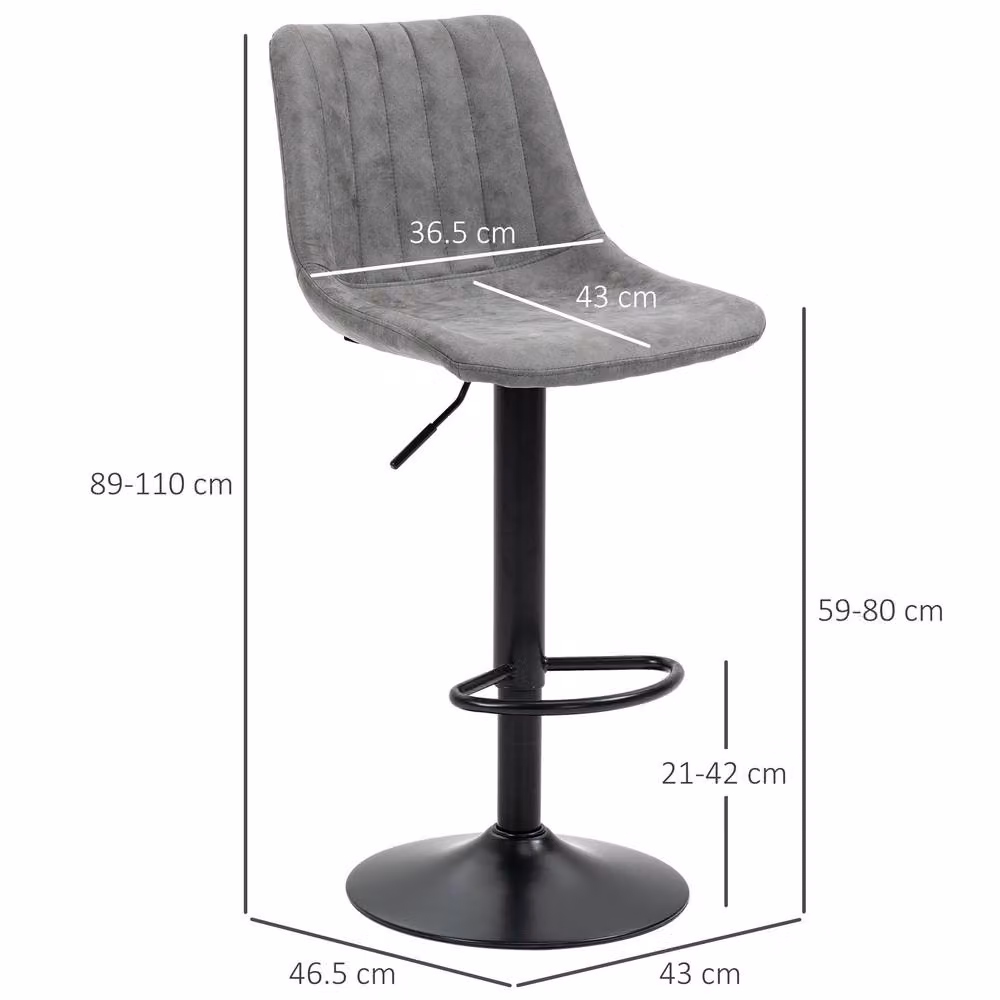 STILVORA Set of 2 Height Adjustable Grey Microfibre Bar Stools with 360 Degree Swivel and Metal Base – 2