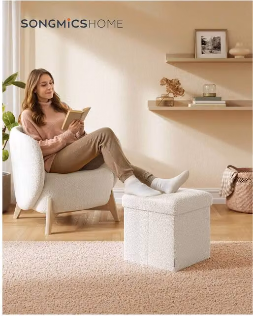SONGMICS Teddy Folding Storage Ottoman in White Bouclé Fabric, W/D/H: 38 x 38 x 38 cm