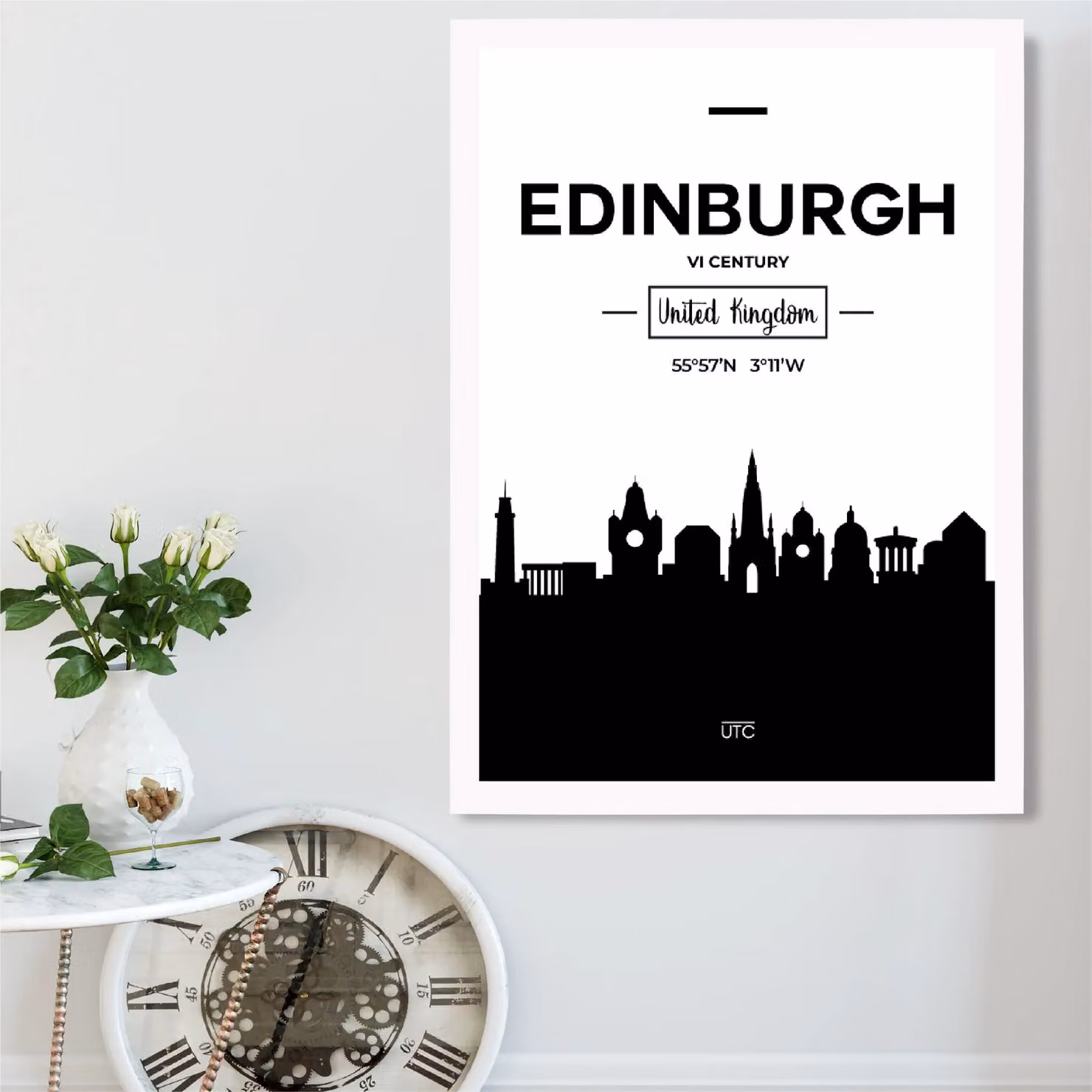 ARTZE Edinburgh Black and White City Skyline Framed Print, White Frame, A4 – 2