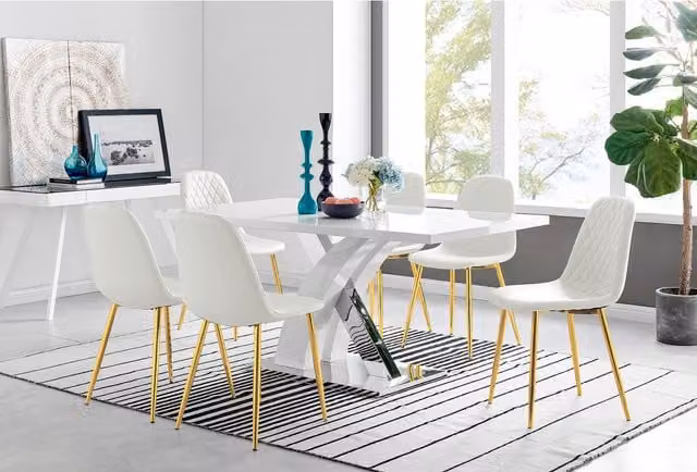 FurnitureboxUK Atlanta Modern High Gloss White Rectangular Dining Table and 6 Corona Gold Chairs Set