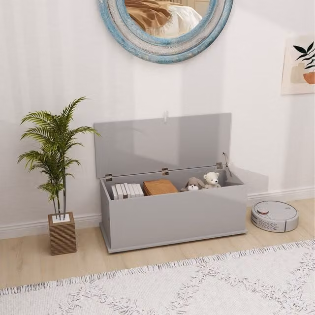 HOMCOM Modern Wood Storage Box Chest with Lid in Light Grey