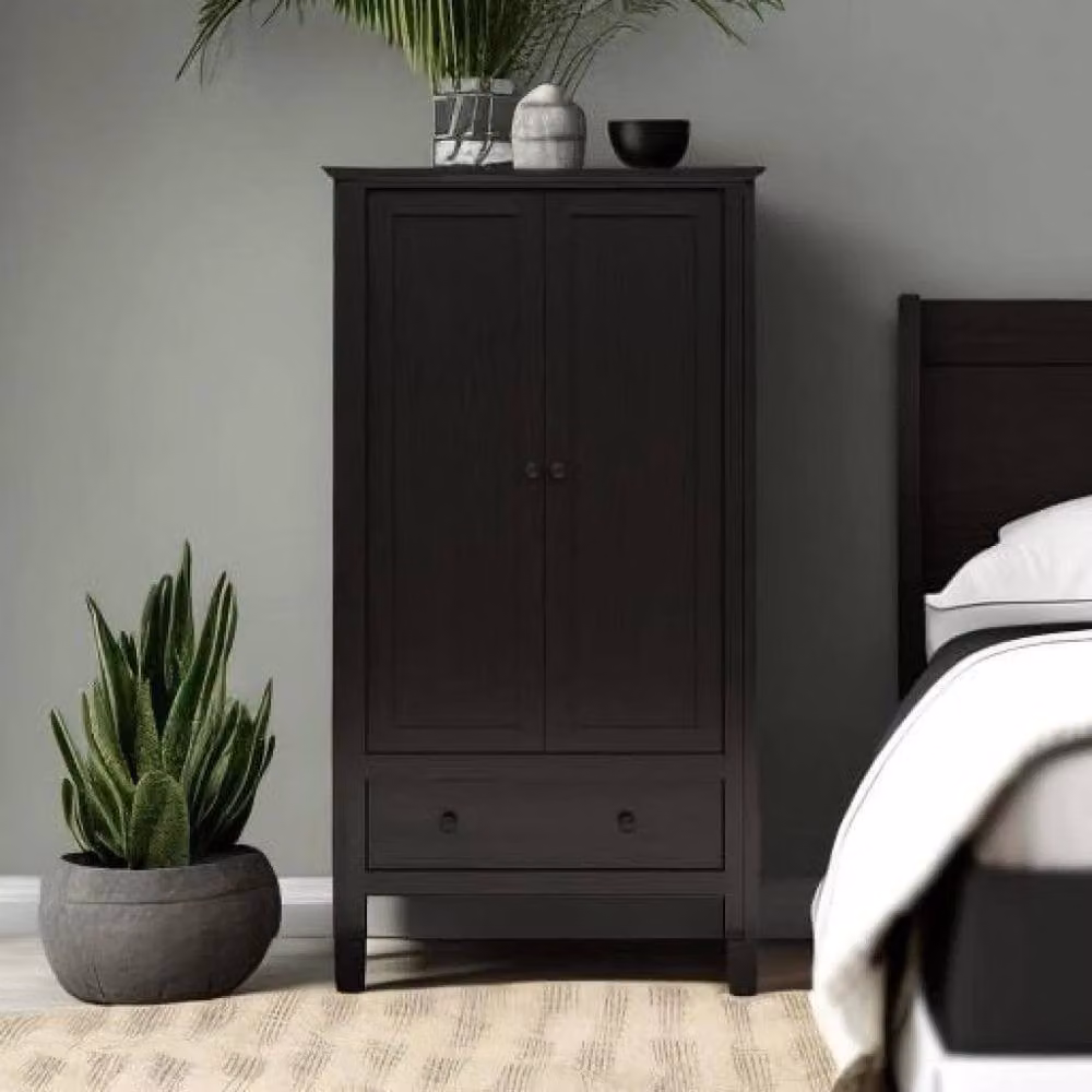FORGEVIO Black 2 Door Wardrobe with Integrated Drawer and Hanging Rod – 4