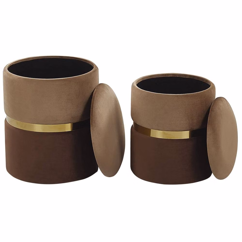 Wyld and Coco Set of 2 Brown Velvet Cylindrical Storage Pouffes with Gold Metal Detail – 3