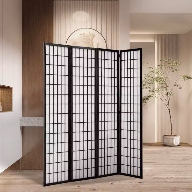 Livingandhome Japanese Oriental Geometric Folding Room Divider in Black Pine Wood, Height: 180 cm