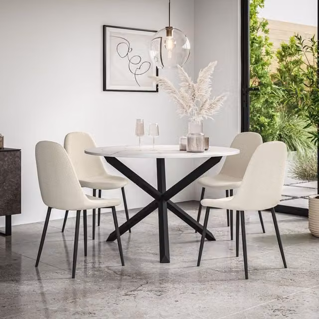More4Homes Malvern Round Dining Table and 4 Maya Boucle Dining Chairs Set, Marble Top with Solid Oak Black Legs, Ivory – 1