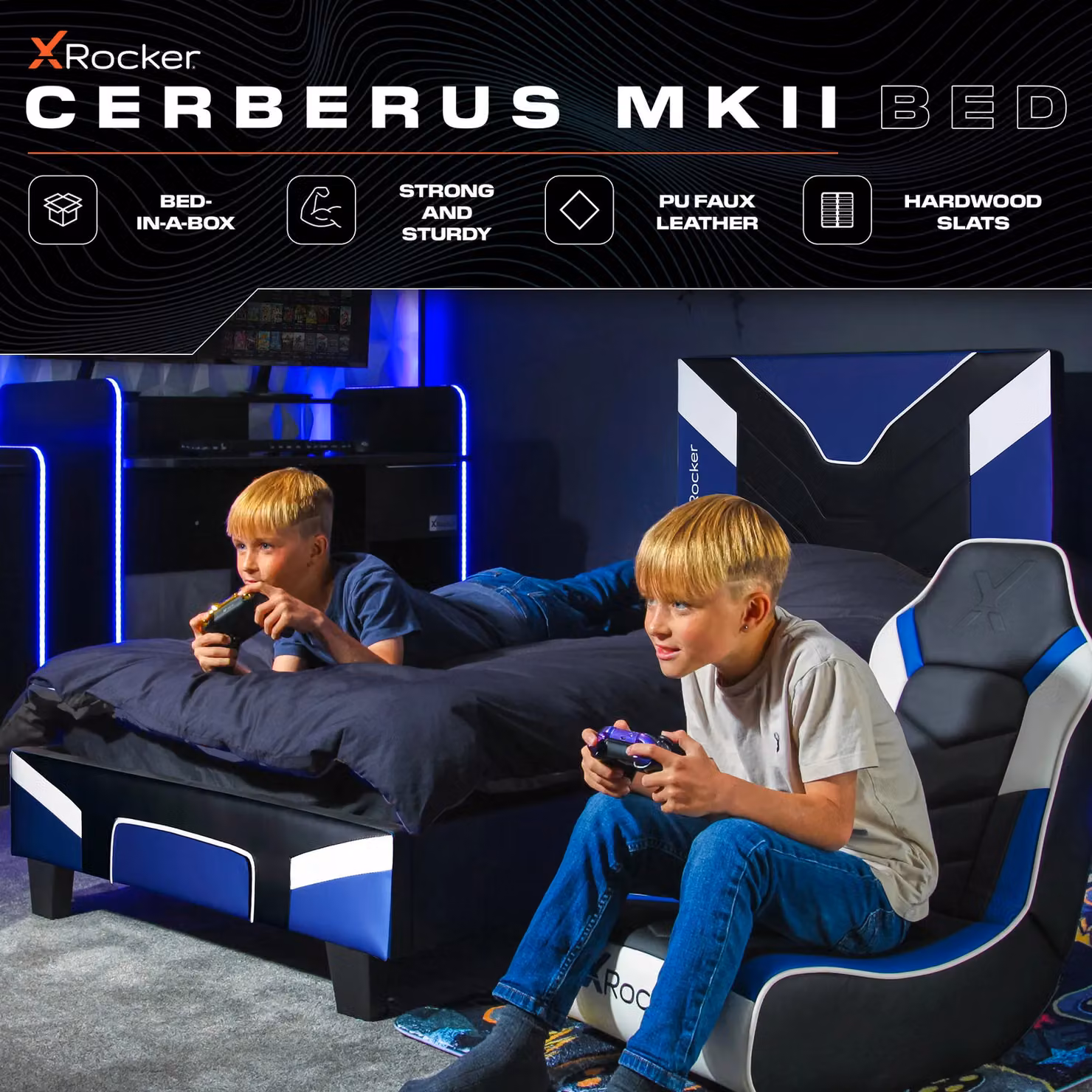 X Rocker Cerberus MKII Gaming Upholstered Bed Frame in Blue for Kids and Teens, W/D/H: 120 x 190 x 24.5 cm – 2