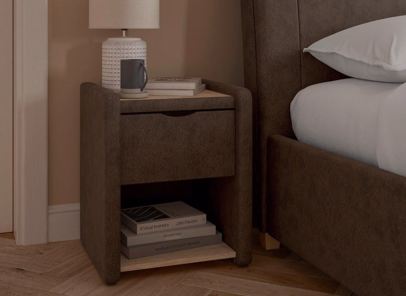 Dreams Delaware Upholstered Bedside Table in Brown Oak