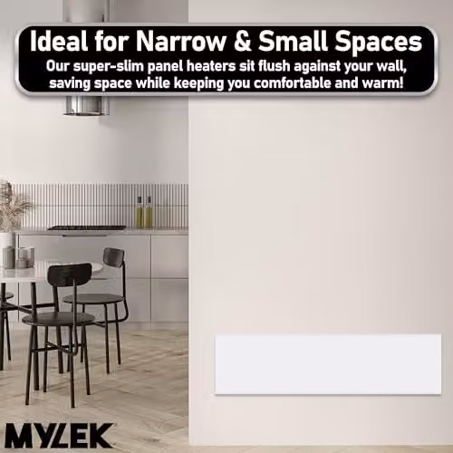 MYLEK 1000W White Slimline Wall Mounted Convector Panel Heater with Thermostat, Frost Protection and Overheat Protection, W: 97 cm, H: 25.5 cm, D: 5.5 cm – 5