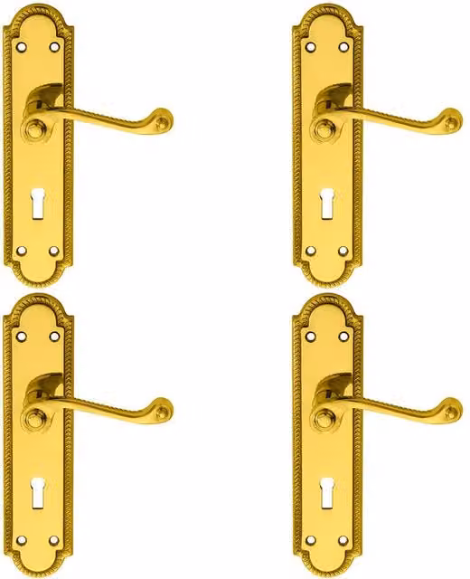 Loops 4x Pair Reeded Scroll Handles with Shaped Lock Backplates in Polished Brass, W: 20.5 cm, H: 4.9 cm