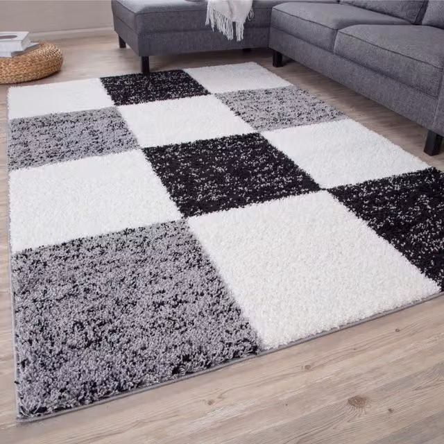 THE RUGS Soft Check High Pile Shaggy Rug, Grey, W: 140 cm, D: 200 cm – 1