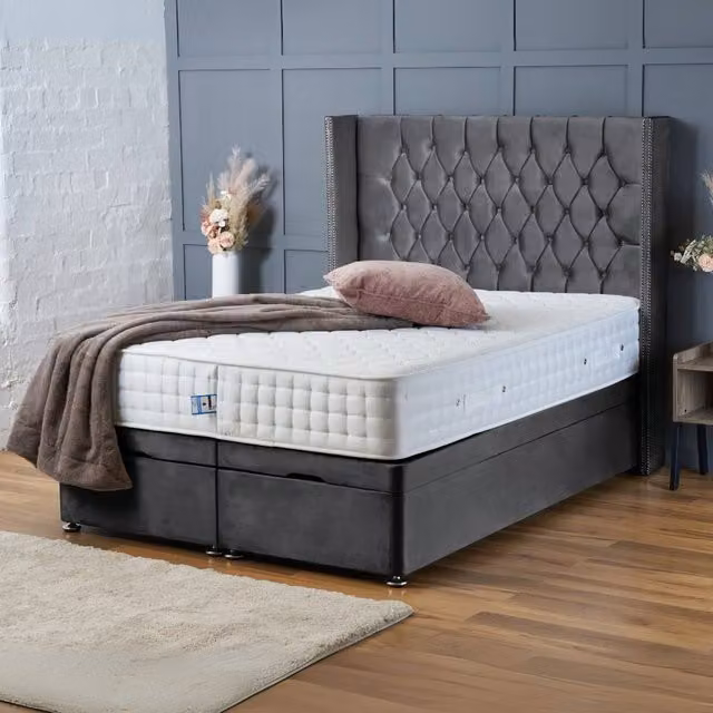 BSSPOKE Olivia Ottoman Divan Bed in Grey Plush Velvet with 54 inch Headboard, W/D/H: 140 x 200 cm