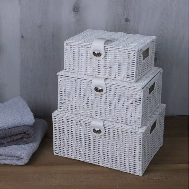 Marco Paul Set of 3 White Wicker Rattan Storage Baskets with Lids and Handles