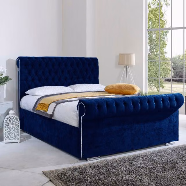 Desire Deco Royal Sleigh Bed Frame in Blue Velvet Fabric, W/D/H: 200 x 200 cm