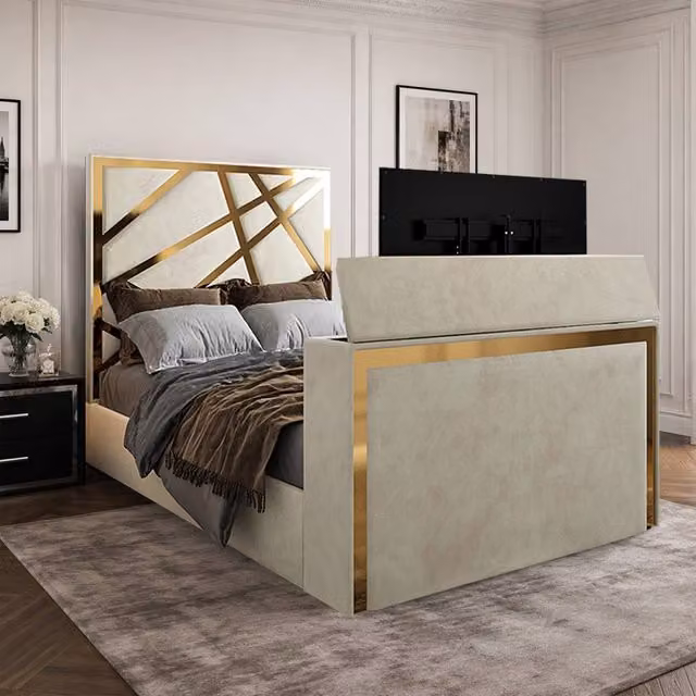 KDMD Ashwell Upholstered Soft Velvet TV Bed Frame in Cream, King Size (W/D/H: 180 x 152 x 159 cm)