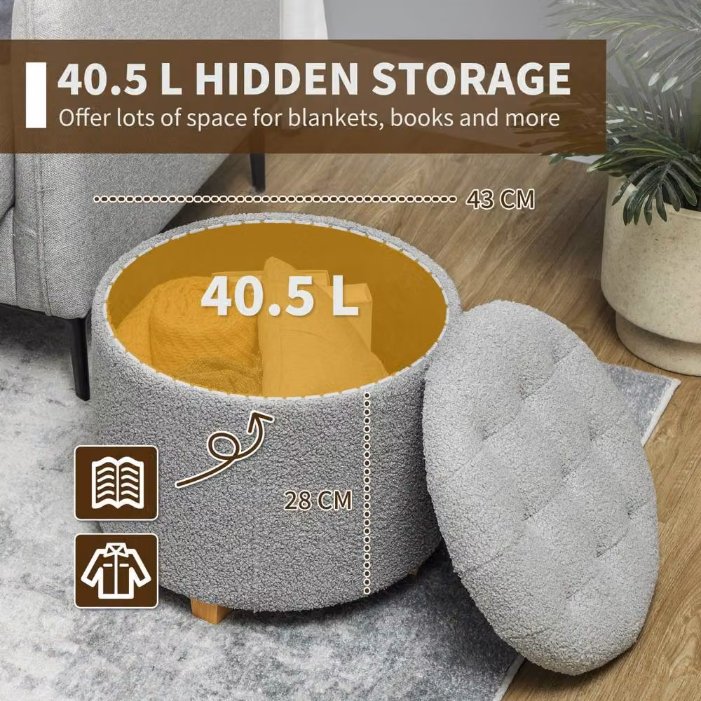 Wyld Haus Valefi Grey Bouclé Round Storage Ottoman with Button Tufted Lid, Diameter: 45 cm, Height: 41 cm – 4