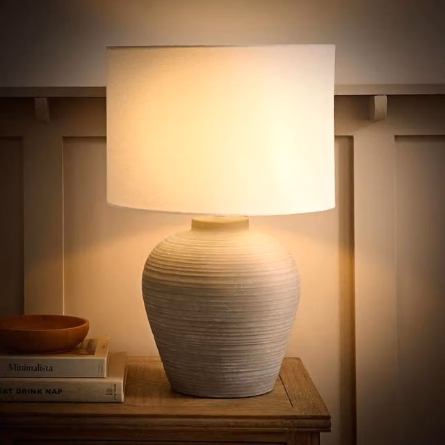 Reid Large Ribbed Ceramic Table Lamp with Linen Drum Shade and LED Bulb in Grey