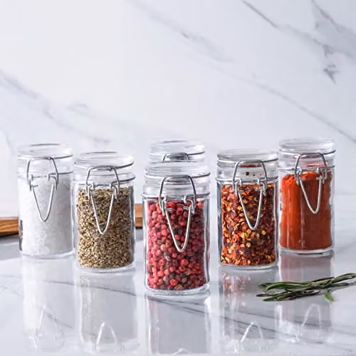 Argon Tableware Set of 6 Transparent Glass Storage Jars with Clip Lids and Heart Labels, 70ml – 4