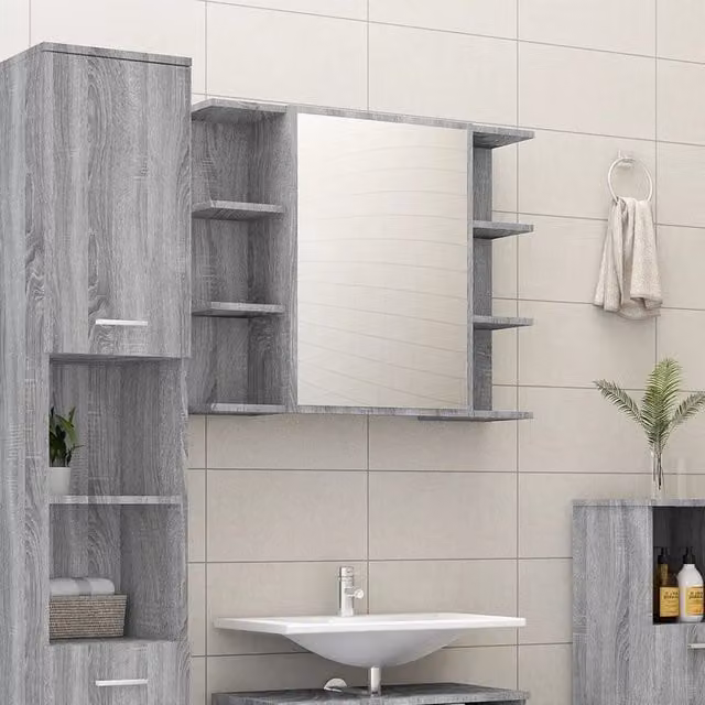 Berkfield Home Grey Sonoma Bathroom Mirror Cabinet with Hinged Doors, W/D/H: 80 x 20.5 x 64 cm