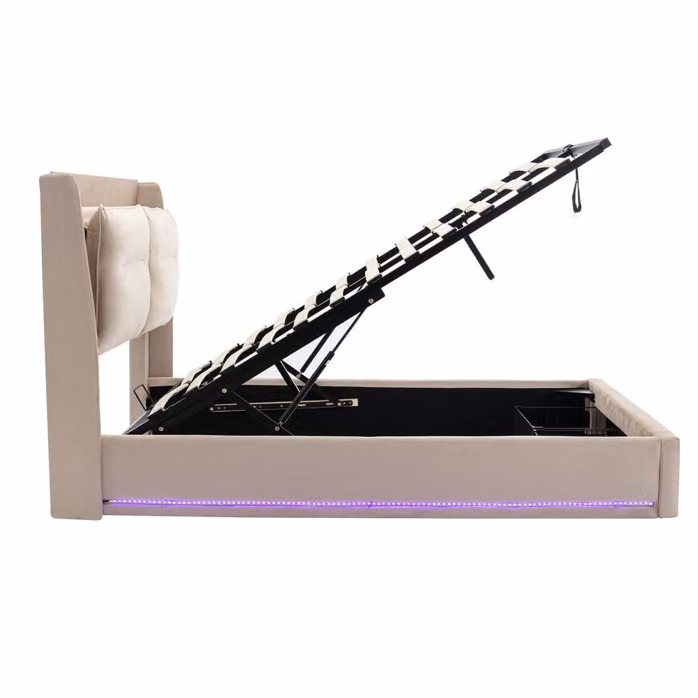 BTM Beige Velvet Double Hydraulic Bed with Under-Bed LED Lighting and Storage W/D/H: 140 x 190 cm – 7