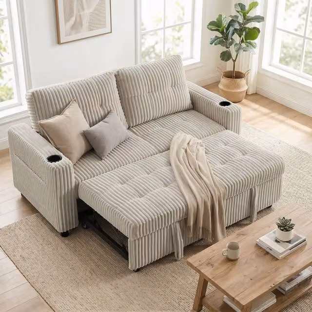 HOMCOM 2 Seater Corduroy Click Clack Sleeper Sofa with Pull Out Design and Scatter Cushions, White