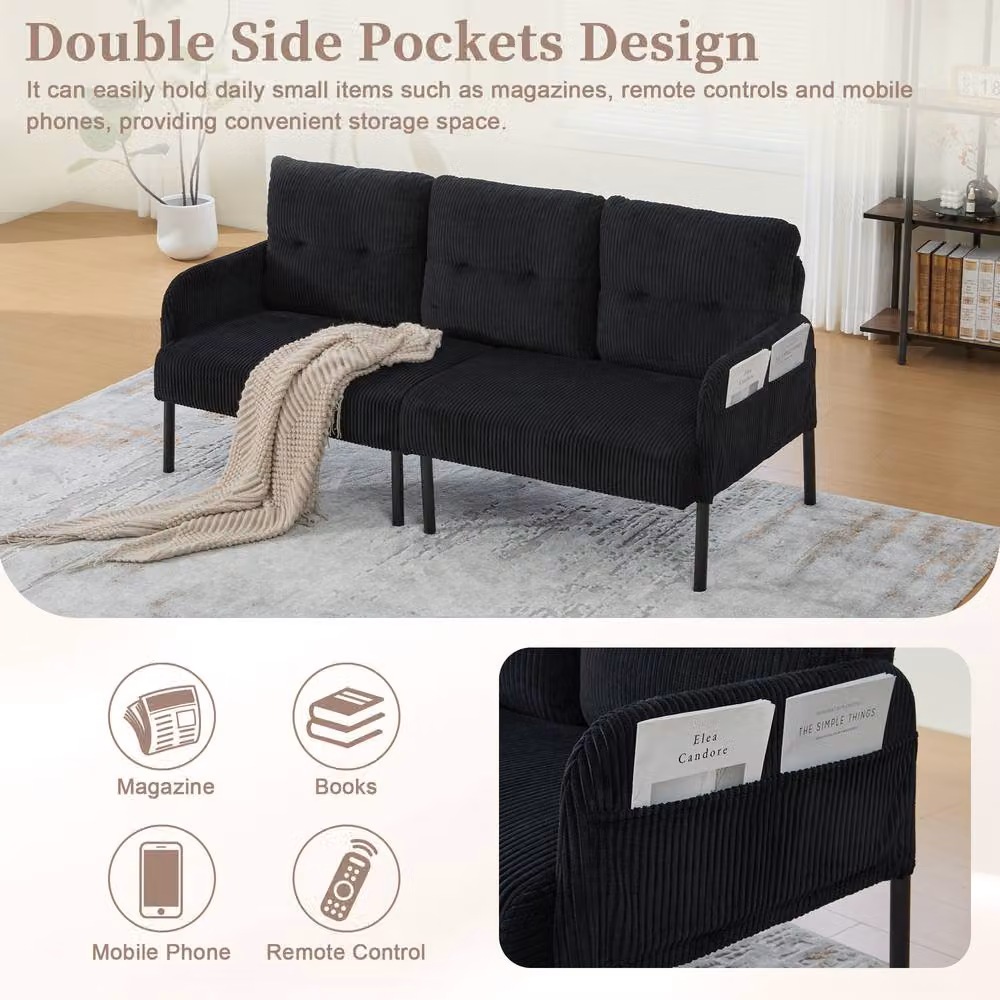 Direct Wicker Oversized Corduroy Loveseat Double-Seater Couch with Side Pockets in Black – 5