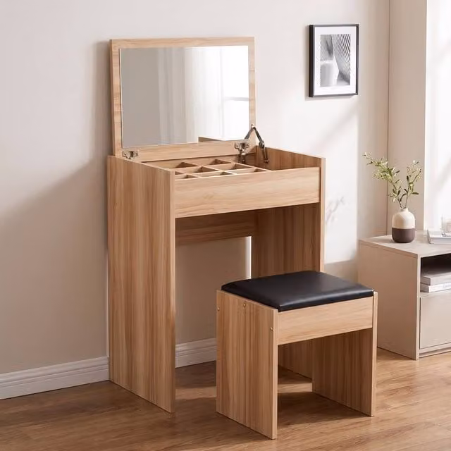 STILVORA Dressing Table with Mirror and Stool in Beige – 1