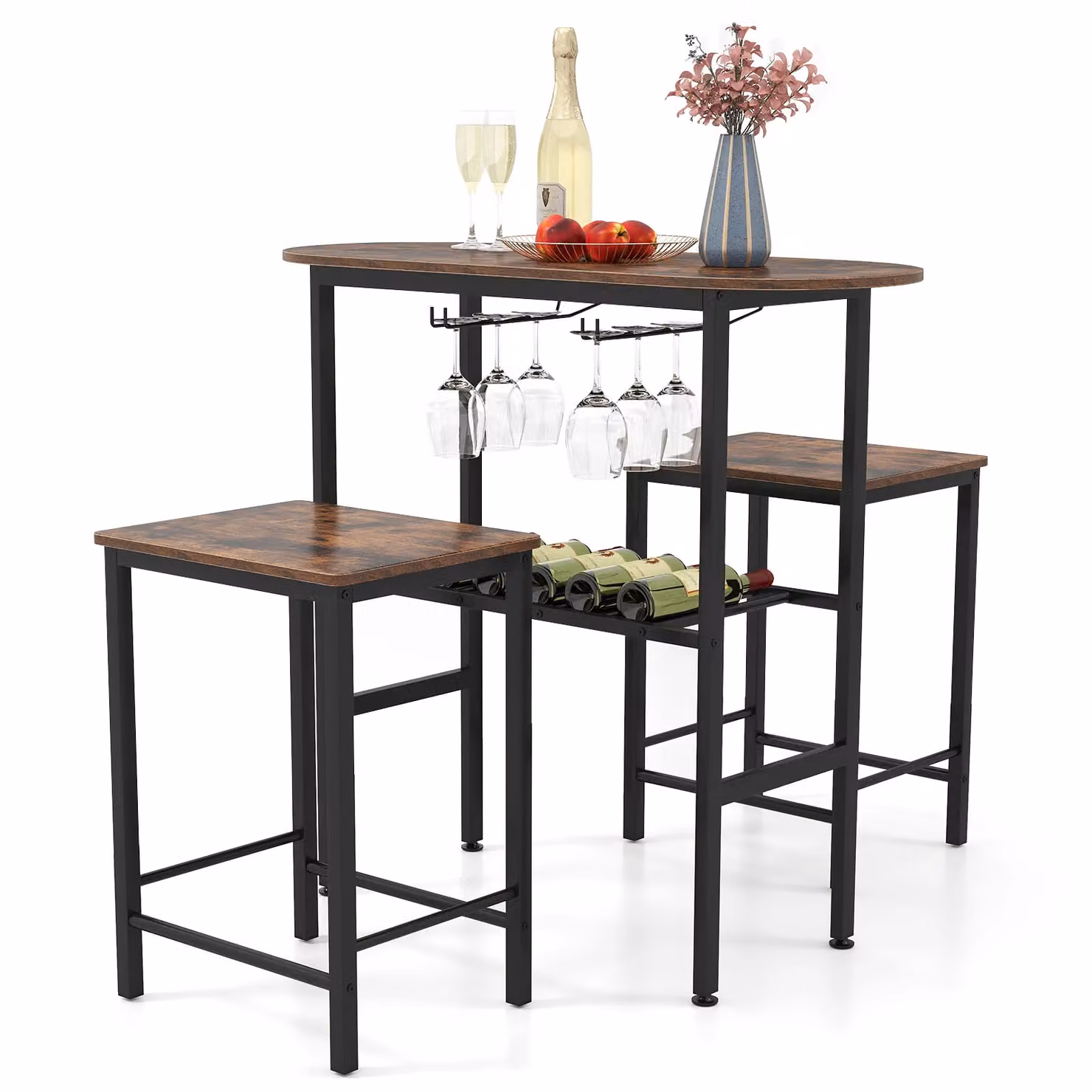 Costway 3 Piece Counter Height Dining Set with Oval Table and 2 Stools in Brown – 2