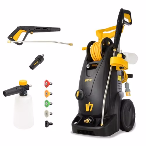 V-TUF V7 Electric Pressure Washer, 150 Bar, 7L/min, Black, with 10m Hose Reel and Snow Foam Cannon