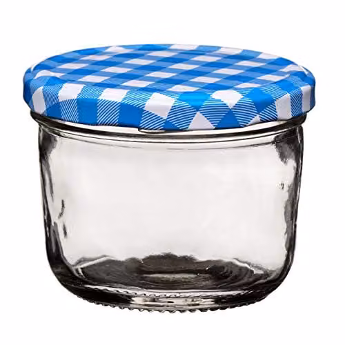 Premier Housewares Clear Glass Jar with Blue Gingham Lid, 150ml, W: 9 cm, D: 9 cm, H: 7 cm