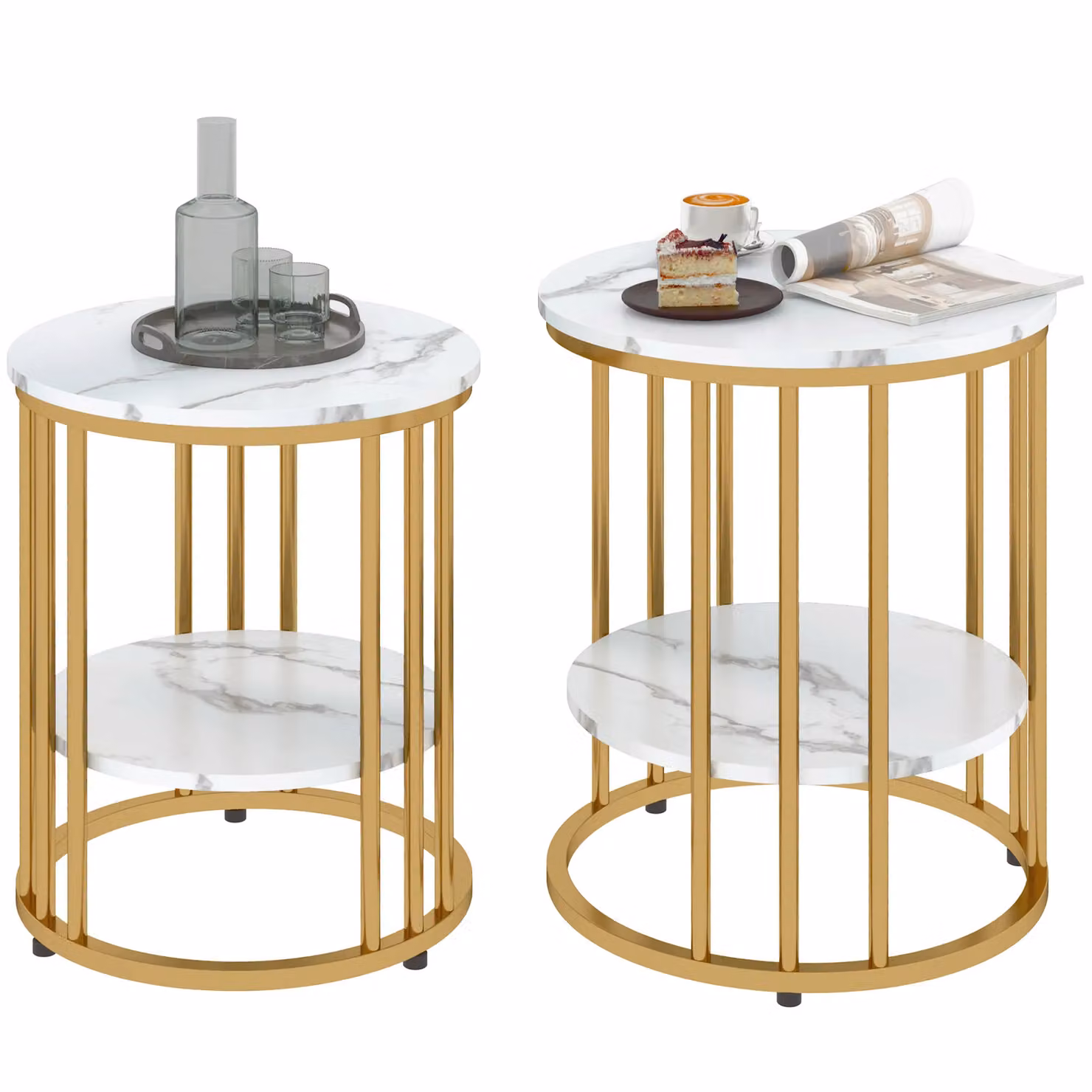 HOMCOM Set of 2 Modern Round Coffee Tables with Gold Tone Metal Legs and Glossy Marble-Effect Finish – 2
