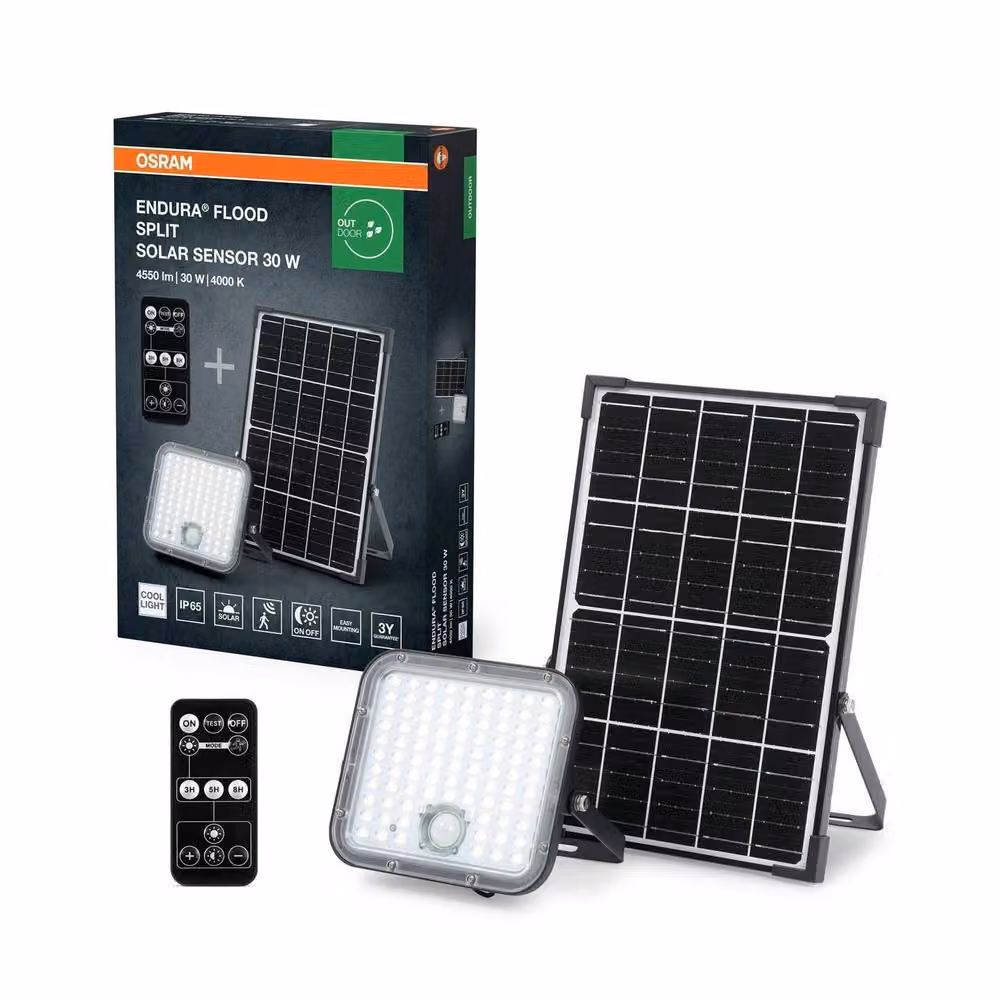 Osram Endura Flood Split Solar LED Floodlight, 30W Cool White, Black, IP65 with Motion and Dusk Sensors – 2