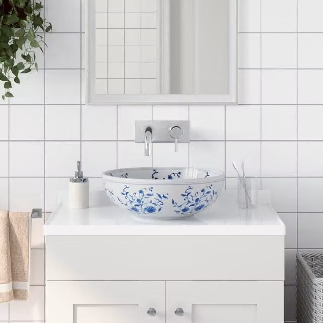 Berkfield Home Round Ceramic Countertop Basin in White and Blue, Diameter: 41 cm, Height: 14 cm