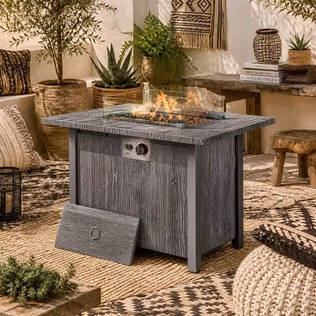 Wyld Haus Rectangular Dark Grey Steel Gas Fire Pit Table with Glass Guard Cover W/D/H: 109 x 56 x 32 cm – 1