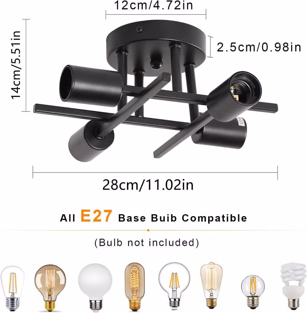 COMELY Industrial 4-Light Ceiling Light in Black with E27 Socket – 3
