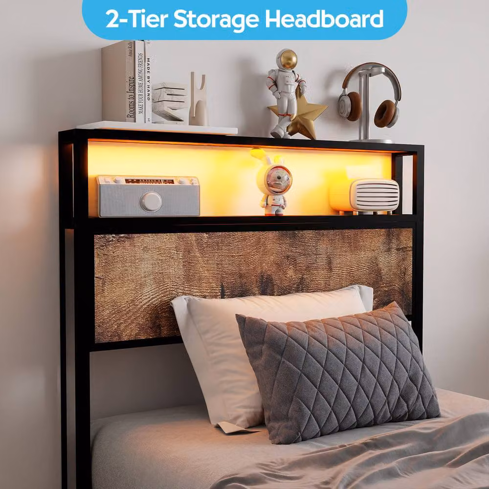 Rolipo Black Metal Double Bed Frame with Smart RGB LED Under-Bed Lighting and Storage Headboard W/D/H: 140 x 200 cm – 2