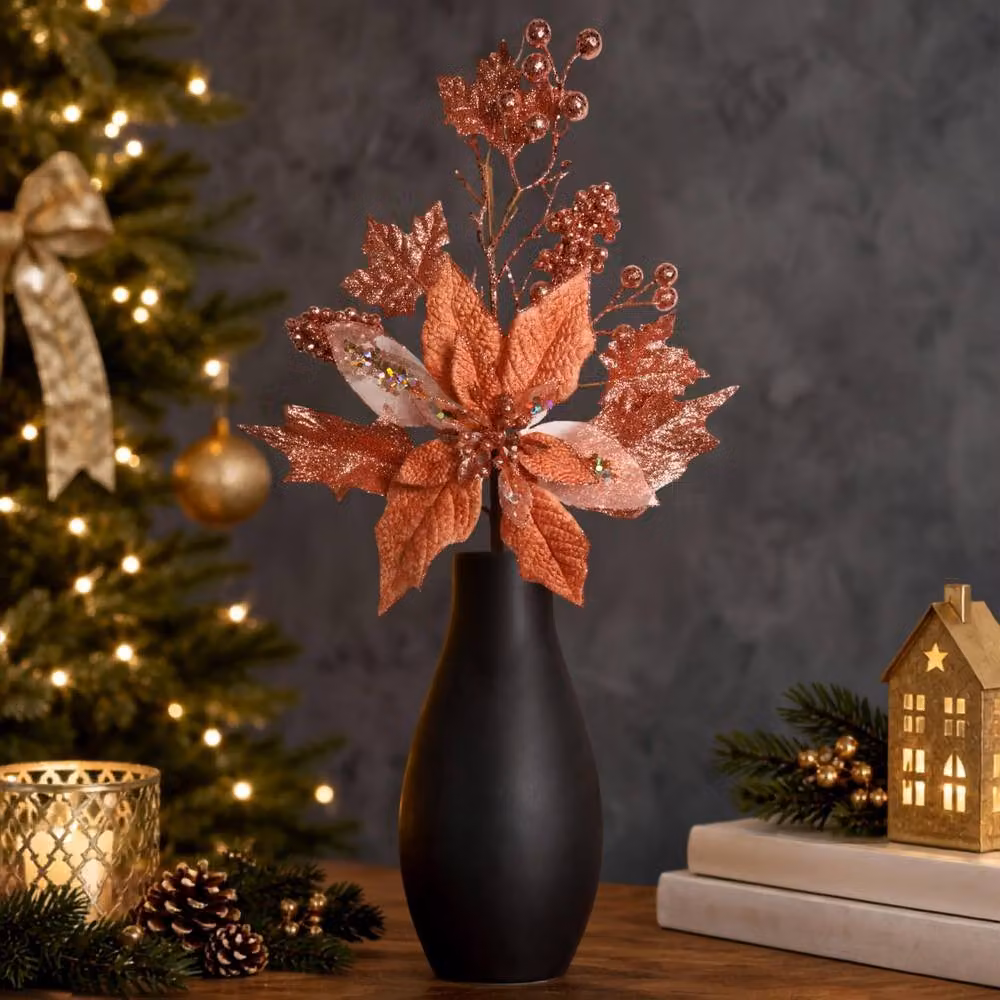 Shatchi Rose Gold Glitter Poinsettia and Berry Christmas Picks, 12 Pack, Height: 46 cm – 2